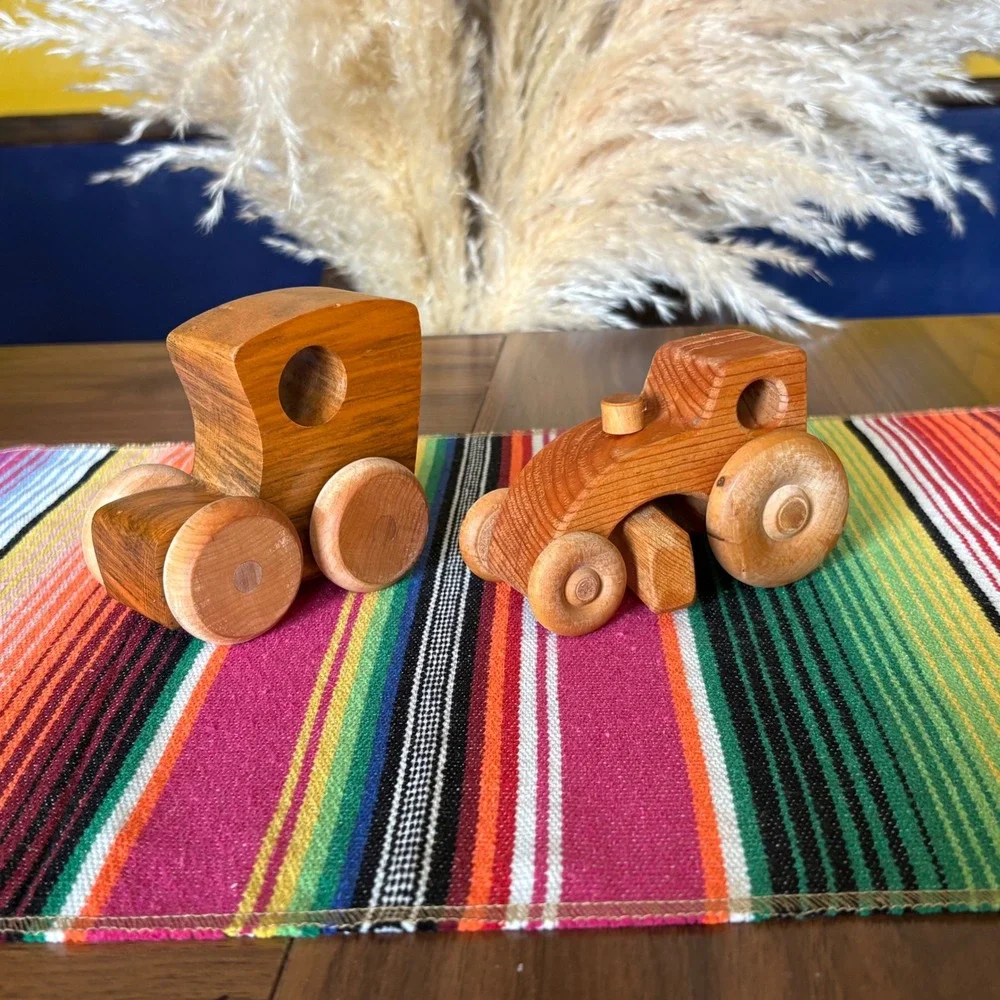 Vintage Handmade Wooden Toy Set Tractor and Car Natural Wood Montessori Decor